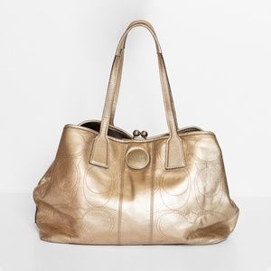 Coach Gold Metallic Leather Signature C Handbag